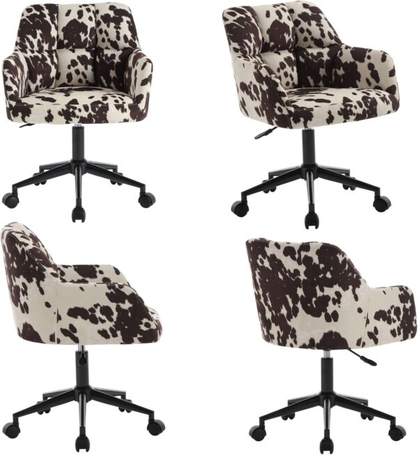 Modern Swivel Home Office Desk Chair with Wheels and Arms, Cow Print Velvet Height Adjustable Comfortable Ergonomic Upholstered Desk Chair, Wide Cute Cowhide Computer Armchair for Living Room Home - Image 2