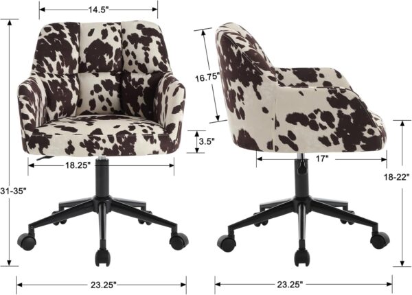 Modern Swivel Home Office Desk Chair with Wheels and Arms, Cow Print Velvet Height Adjustable Comfortable Ergonomic Upholstered Desk Chair, Wide Cute Cowhide Computer Armchair for Living Room Home - Image 4