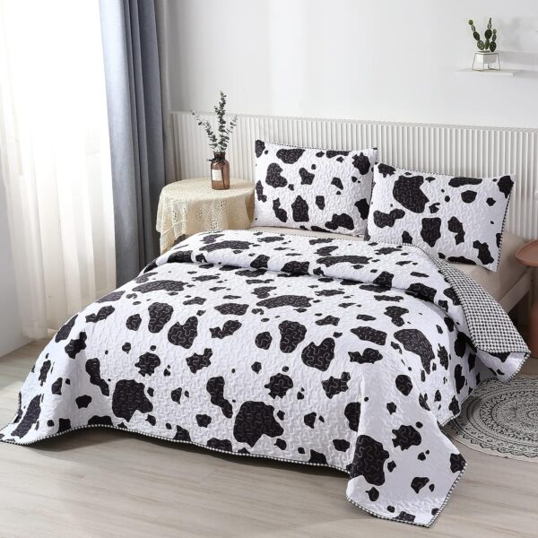 Black and White Cow Print Quilt Set Reversible Bedroom Decorations for Kids and Teens Machine Washable Bedspread Set(Queen,1 Quilt + 2 Pillow Cases)