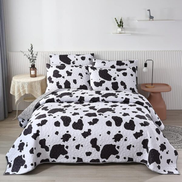 Black and White Cow Print Quilt Set Reversible Bedroom Decorations for Kids and Teens Machine Washable Bedspread Set(Queen,1 Quilt + 2 Pillow Cases) - Image 2