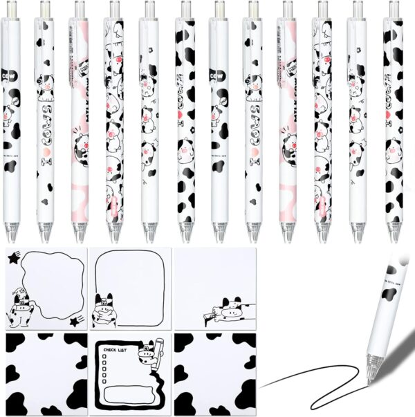 Sabary 18 Pieces Cow or Strawberry Print Stuff, 12 Cow Pens and 300 Sheets Cow Notes with 5 Styles, Aesthetic Pens, Cow Print Gifts for Christmas Office School Supplies for Cow Lover Gift (Cow)