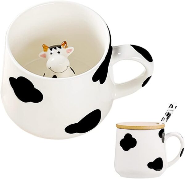 BigNoseDeer Cute Ceramic Cow Mug with 3D Cow Inside,Cow Print Coffee Mug,Cute Mugs with Lid Spoon,Cute Stuff Cool stuff Birthday Gifts Gifts for Women Girlfrend Kids13oz