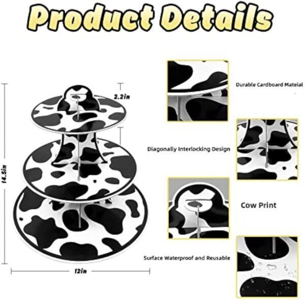 Cow Print Cardboard Cupcake Stand,3 Tier Farm Animal Cow Print Round Cupcake Holder Farm Cow Themed Party Decorations for Birthday Party Decorations Cow Party Supplies - Image 4