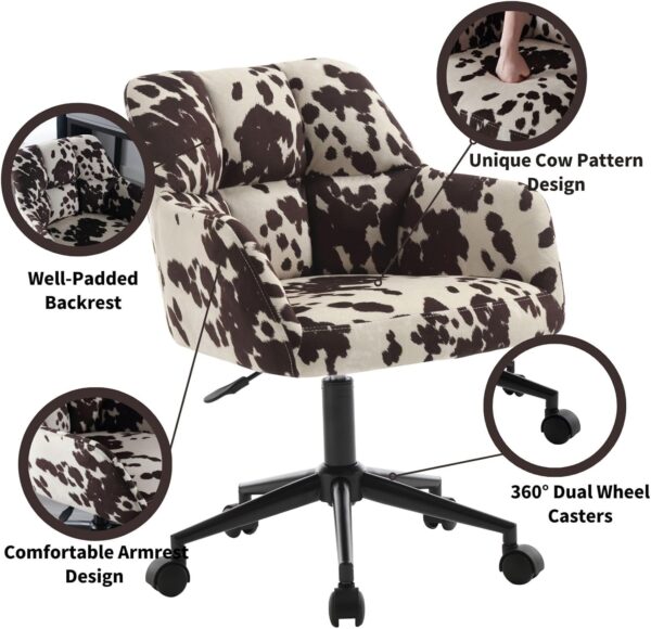 Modern Swivel Home Office Desk Chairs with Wheels and Arms Set of 2, Cow Print Velvet Height Adjustable Comfortable Ergonomic Desk Chairs, Wide Cute Cowhide Computer Armchairs for Living Room Home - Image 4