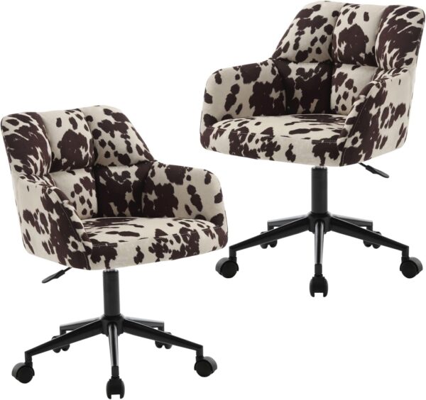 Modern Swivel Home Office Desk Chairs with Wheels and Arms Set of 2, Cow Print Velvet Height Adjustable Comfortable Ergonomic Desk Chairs, Wide Cute Cowhide Computer Armchairs for Living Room Home