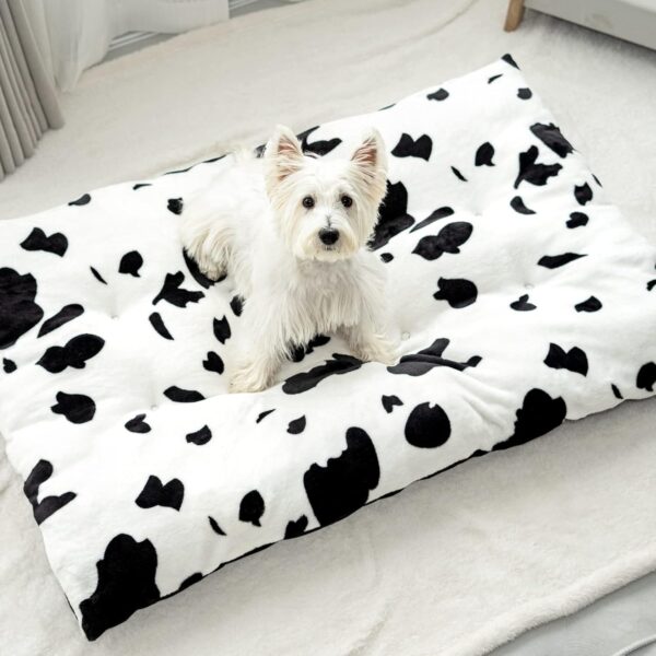 Cow Print Dog Bed for Small Size Dogs Washable,Cute Calming Fur Puppy with Anti-Slip Bottom Helps Ease Pet Anxiety & Provides The Perfect Sleep - Image 2