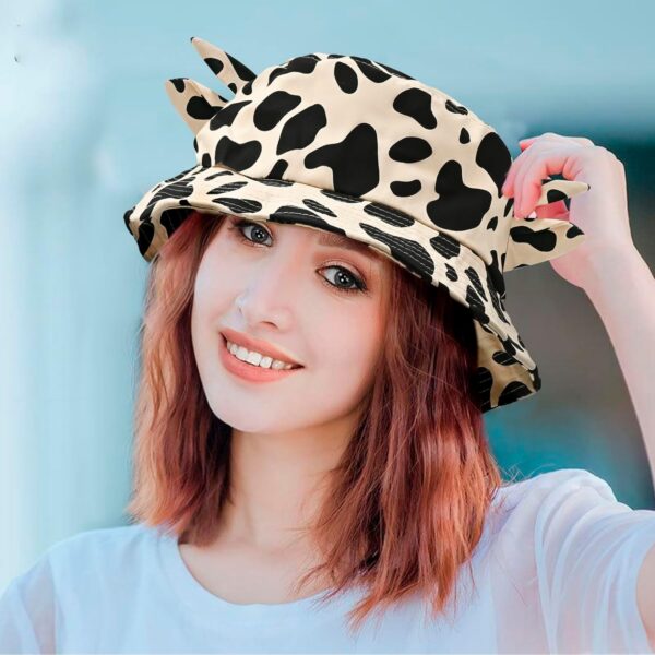 Cow Print Bucket Hat with Cute Horn Ears Cow Print Summer Beach Sun Hat Fisherman's Cow Bucket Hat - Image 6