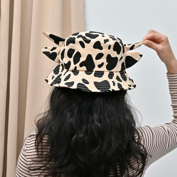 Cow Print Bucket Hat with Cute Horn Ears Cow Print Summer Beach Sun Hat Fisherman's Cow Bucket Hat - Image 5