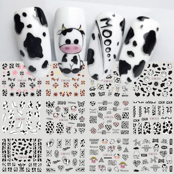 Nail Art Stickers, 12 Sheets Cute Milk Cartoon Water Transfer Nail Decals Nail Stickers with Assorted Patterns Milk Cow Animal Leopard Heart Design DIY Nail Art Decoration