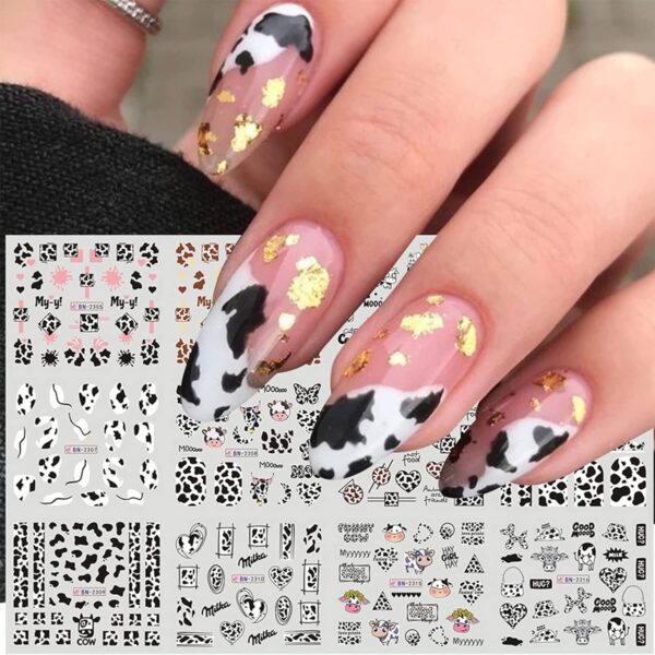 Nail Art Stickers, 12 Sheets Cute Milk Cartoon Water Transfer Nail Decals Nail Stickers with Assorted Patterns Milk Cow Animal Leopard Heart Design DIY Nail Art Decoration - Image 2