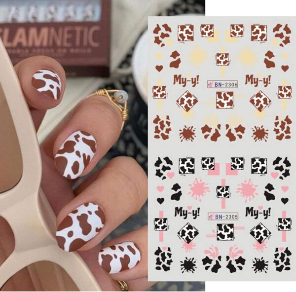 Nail Art Stickers, 12 Sheets Cute Milk Cartoon Water Transfer Nail Decals Nail Stickers with Assorted Patterns Milk Cow Animal Leopard Heart Design DIY Nail Art Decoration - Image 3