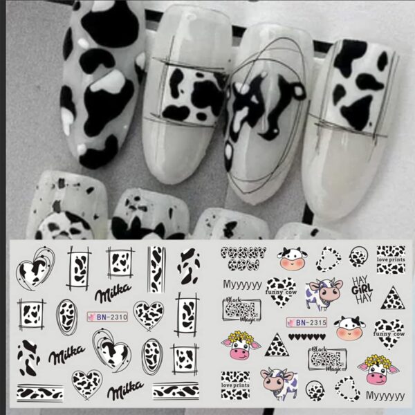 Nail Art Stickers, 12 Sheets Cute Milk Cartoon Water Transfer Nail Decals Nail Stickers with Assorted Patterns Milk Cow Animal Leopard Heart Design DIY Nail Art Decoration - Image 4