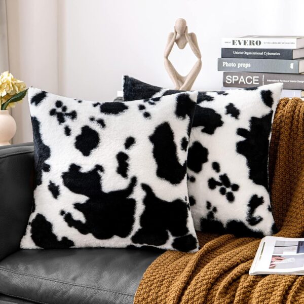 Woaboy Pack of 2 Luxury Faux Fur Throw Pillow Covers Western Decor Cowhide Decorative Soft Brindle Fluffy Plush Couch Pillow Covers Living Sofa Bedroom 12x20 Inch, Black White