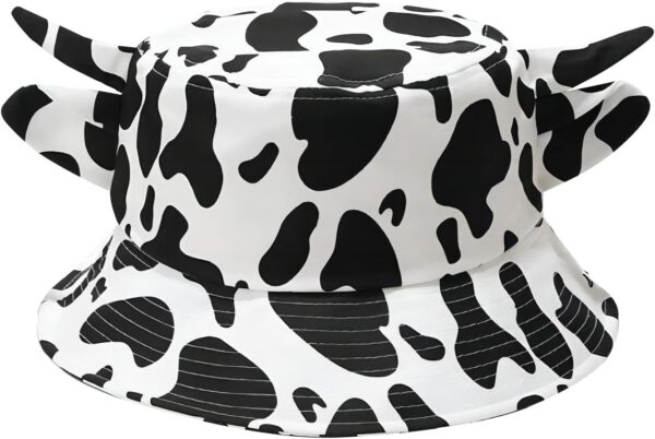 Cow Print Bucket Hat with Cute Horn Ears Cow Print Summer Beach Sun Hat Fisherman's Cow Bucket Hat