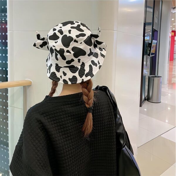 Cow Print Bucket Hat with Cute Horn Ears Cow Print Summer Beach Sun Hat Fisherman's Cow Bucket Hat - Image 4