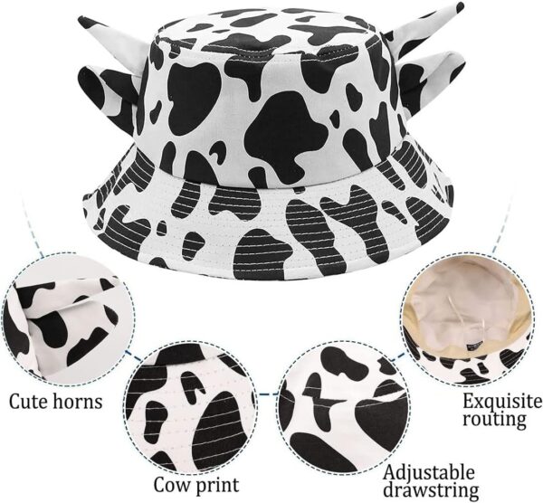 Cow Print Bucket Hat with Cute Horn Ears Cow Print Summer Beach Sun Hat Fisherman's Cow Bucket Hat - Image 3